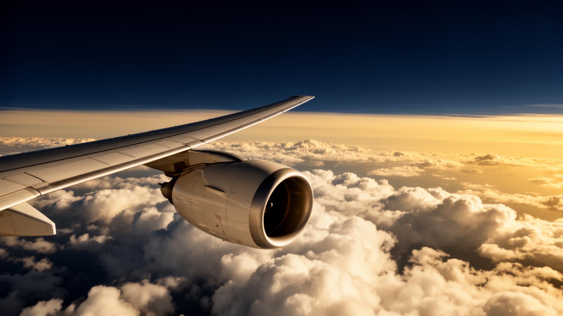 Aircraft wing above clouds at golden hour — sustainable aviation fuel